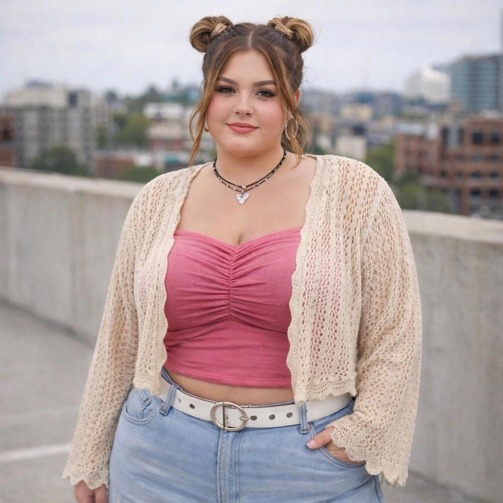 Cream ivory loose open knit sweater 2x fisherman mermaid cropped plus fairy